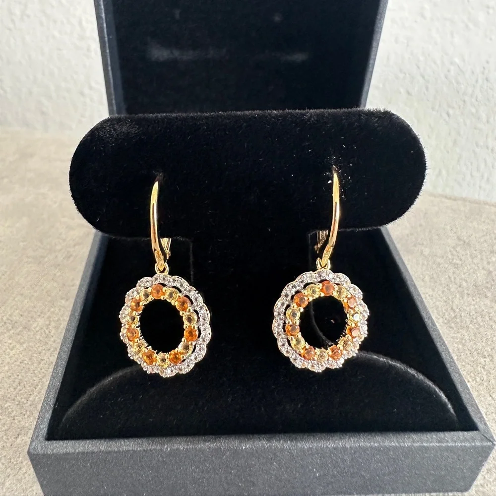 Citrine & White Topaz Circle Drop Earrings in 18K Gold plating over silver - Picture 2 of 8
